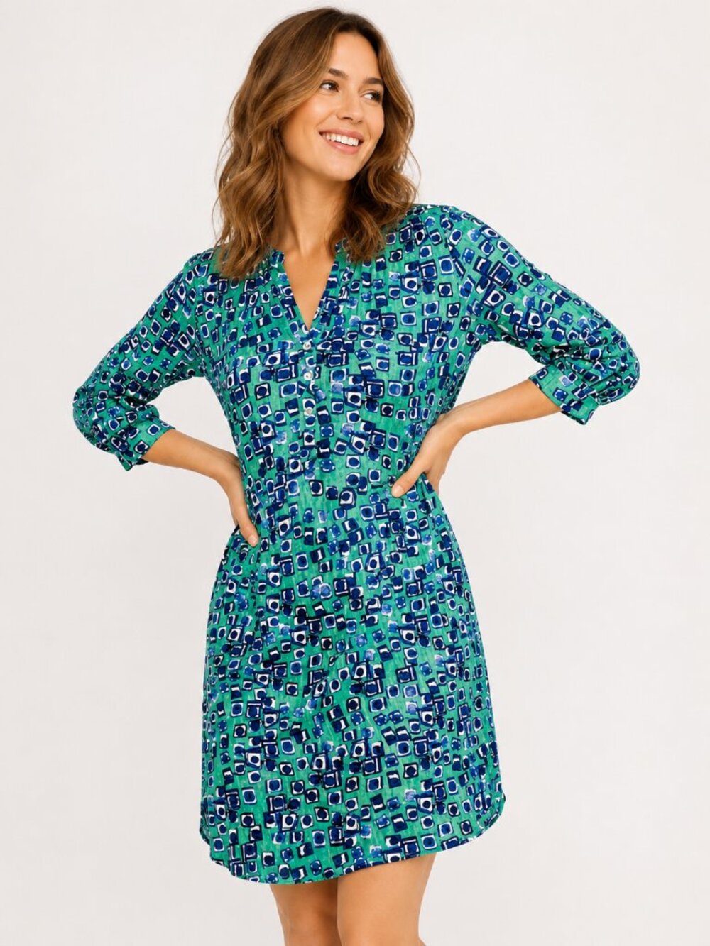 NIC+ZOE Stitch Fix Linen Blend Shift Dress Medium Green Blue Geometric NWT